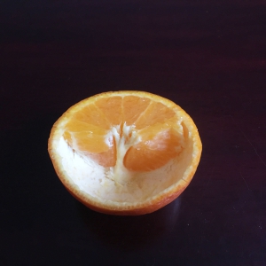 Verwijder voorzichtig het vruchtvlees, (de partjes) uit de schil van de mandarijn