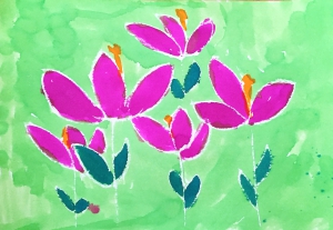 Hier is met deze techniek een kleurplaat gemaakt van kaarvet en Ecoline