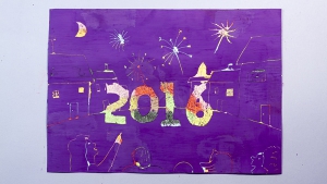 De techniek plakkaatverf op wasco hoeft niet altijd met zwarte verf gedaan te worden, dit is een versie met paarse verf